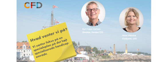 Et fotografi af havnen i Allinge med billeder af direktør i CFD, Kurt Faber-Carlsen og chefjurist, Anne Vikkelsø. De inviterer til debat på Folkemødet om specialeplanlægning.